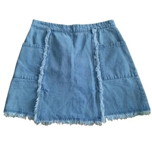 New Anthropologie Large L Umgee Light Wash Fringe Frayed Mini Denim Jean‎ Skirt - Picture 2 of 6